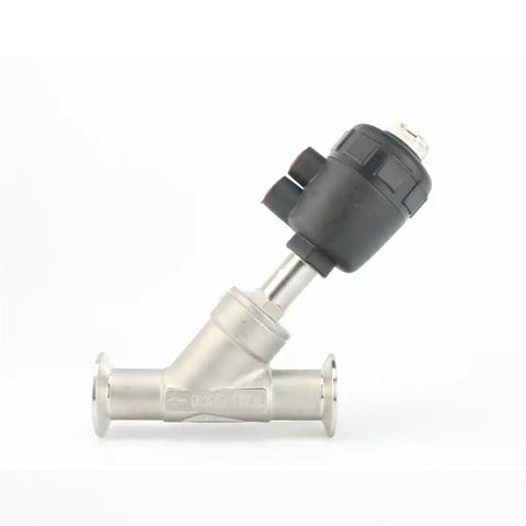 Tri Clamp Y Shaped 304 Stainless Steel Pneumatic Actuated Angle Valve For Steam Gas Oil Water, From DN15 To DN50 Size Range, BSPT Connection, Dual Stainless Steel Body For Industrial Piping. DN25 valve side view