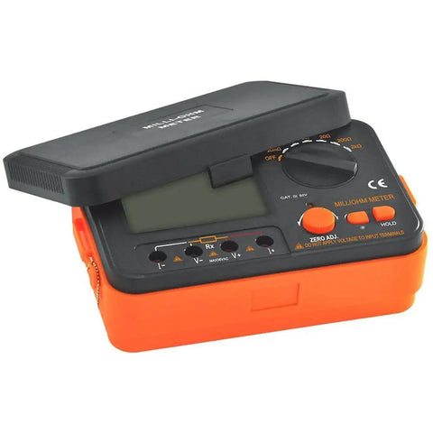 VC480C Pro-Grade Ultra-Precise Milliohm Meter with open lid, featuring large backlit LCD display and control knobs.