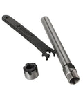 Hardcore C12 ER8 Collet Chuck With 12mm Straight Shank Extension Rod For CNC Mills And Lathes tool set, includes metal rod, wrench, and collet.