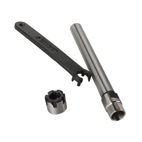 Hardcore C12 ER8 Collet Chuck With 12mm Straight Shank Extension Rod For CNC Mills And Lathes tool set, includes metal rod, wrench, and collet.