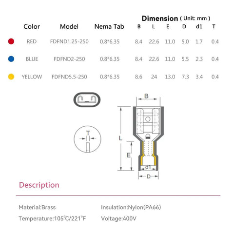 Technical drawing of 100 Pcs Nylon Female Spade Quick Disconnect Connectors Kit Yellow For 12 To 10 AWG Wire Tinned Copper Cold Pressed Insulated Terminals with dimensions and specifications.