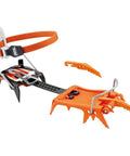 Modular DART LLF Crampons For Ice Climbing And Dry Tooling Lightweight Aluminum Build with adjustable front tips, orange and black