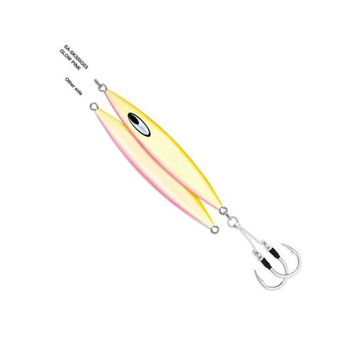 Top Shelf Offshore Saltwater Jig 5 Oz Hot Pink Metal Lure For Big Game Fish Japanese Slow Jigging Design with rugged hooks.