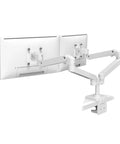 Total Game Changer Dual Monitor Desk Stand With Smooth Glide Swing Arm Mount showing dual monitors mounted with adjustable arms.