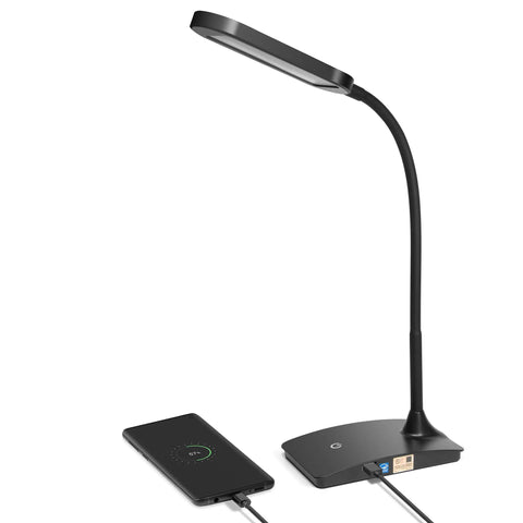Ivy LED Desk Lamp With USB Port And 3 Way Touch Switch, ultra efficient black reading light, charging a phone, modern minimalist design