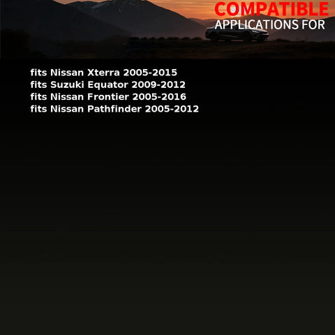 Compatible applications for Nissan Xterra, Suzuki Equator, Frontier, Pathfinder 2005-2016 shown at sunset over mountains.