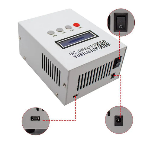 A20 Pro Grade Battery Capacity Tester for Lithium and Lead Acid Cells With 4-Wire Test LCD Display for Voltage, Current, Capacity, Time, and Power, USB TTL Computer Connection, Ultra-Precise Monitoring gray bench tester with LCD and power switch