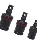 Get Your Car Running Smooth With This 3 Piece Swivel Socket Set Featuring 1/2, 3/8, And 1/4 Inch Drive Sizes Perfect For Tight Spaces With Ball Joint Adapter And Chrome Steel Build For Pros. 3-piece swivel socket set, black chrome steel, three drive sizes