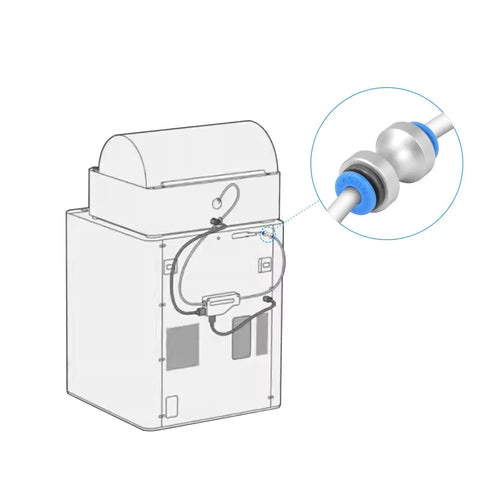 Two Piece Teflon Tube Connector High Flow 3D Printer Filament Feed Adapter shown on a 3D printer with blue and silver fittings.