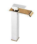 White Gold Waterfall Vessel Sink Faucet With Tall Deck Mount And One Hole Single Handle Vanity Lavatory Tap For Modern Baths Dope Finish Sleek
