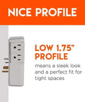 Wall Charger Surge Protector With Four Pivoting AC Outlets And Two USB Ports, 1080 Joules shown at 1.75 inch profile
