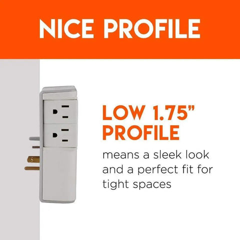 Wall Charger Surge Protector With Four Pivoting AC Outlets And Two USB Ports, 1080 Joules shown at 1.75 inch profile