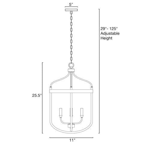 Diagram of Austen 26 Inch 4 Light Modern Farmhouse Lantern Pendant Light with adjustable height in smoked birch finish