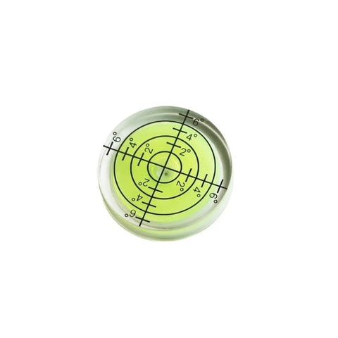 32mm Circular Bullseye Bubble Level, High Precision Round Spirit Vial with green liquid and black scale markings.