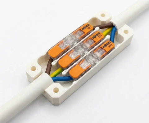 Heavy Duty Junction Box Tailored For Standard 221 Lever Nuts Rock Solid Inline Wire Splice Cover Case Supporting 3 Conductor Cables with wires visible.