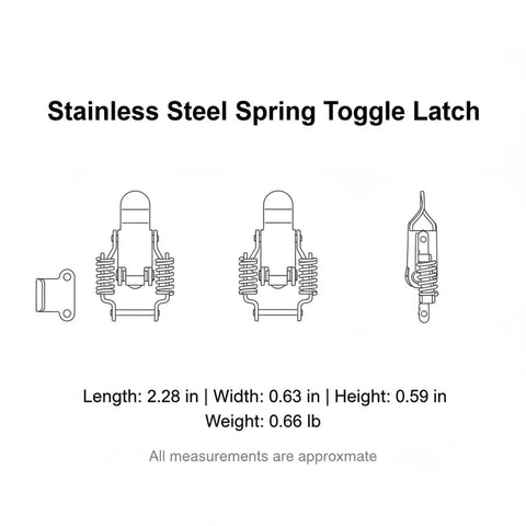 Stainless Steel Spring Loaded Toggle Latch For Secure Tackle Box And Custom Storage Case Lock, dimensions labeled.