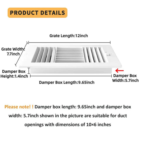 Three Way Plastic Ceiling And Wall Air Vent With Manual Adjuster For Home Office Bathroom And Toilet Duct Opening 10 By 6 Inches Adjustable Ceiling Register Vent Cover For Ductwork, dimensions labeled