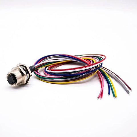 Waterproof M12 8 Pin Sensor Receptacle Connector A Coded Aviation Socket with multi-color wires on white background