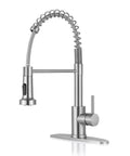 Brushed Nickel Kitchen Faucet With Pull Down Sprayer, High Arc Single Handle, 1 Or 3 Holes Install, Deck Plate Included, side view.