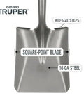 Square-Point Shovel With Mid-Size Steps, 16-GA Steel Blade for Yard and Jobsite