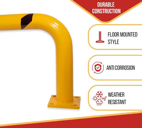 Two Pack Rugged Industrial Grade High Profile Steel Guard Rail Safety Barrier Yellow Powder Coat With Black Visibility Stripes Floor Mounted Bolt On For Warehouses And Parking Areas 24 By 48 Inch close-up corner view