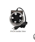 Radon Mitigation Exhaust Fan With 6 Foot Power Cord And 4 Inch PVC Pipe Low Power Draw Permanently Lubricated Motor Front View