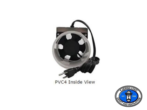 Radon Mitigation Exhaust Fan With 6 Foot Power Cord And 4 Inch PVC Pipe Low Power Draw Permanently Lubricated Motor Front View