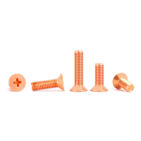 Premium Pure Copper Countersink Screws Flat Head Phillips Drive arranged in various sizes for electrical grounding.