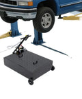 Heavy Duty 17 Gallon Oil Drain Pan With Manual Pump And 7.2 Foot Hose U Shaped Spout under a lifted truck for fluid collection.