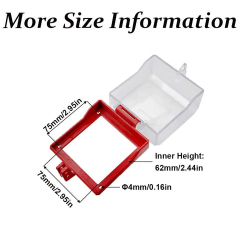 Transparent Flip Style Push Button Switch Cover dimensions and size details with removable red frame, showing 75mm x 75mm.