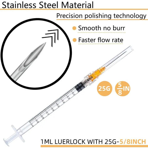 50 Pack 1ml Syringes With 25G 5 By 8 Inch Needles, Individually Sealed For Industrial Lab Use, Precise 1cc Readout