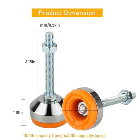 Bulletproof Heavy Duty Adjustable Leveling Feet For Machinery And Cabinets M10 Thread 1100 Lb Capacity Four Pack dimensions showing height and base size.