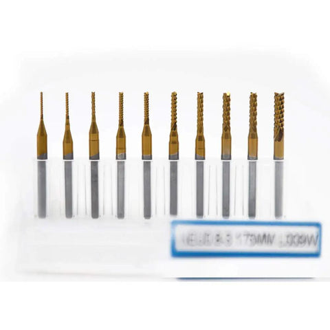 10Pcs Titanium Coated Carbide End Mills 0.8 To 3.0 Mm Engraving Bits For CNC Rotary Burrs Set shown in packaging