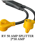 RV Power Adapter Cord 50A Male To Dual 30A Female, 2.5 Foot, yellow ends, copper wire, with handy grip handle, NEMA 14-50P to 2 X TT-30R