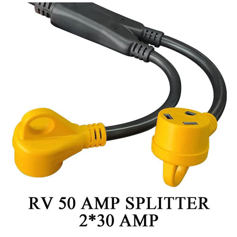 RV Power Adapter Cord 50A Male To Dual 30A Female, 2.5 Foot, yellow ends, copper wire, with handy grip handle, NEMA 14-50P to 2 X TT-30R