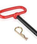 Three Eighths Inch Trailer Hitch Pin And Clip With Red Handle, Beefed Up Four Inch Length, Heavy Duty High Strength Steel