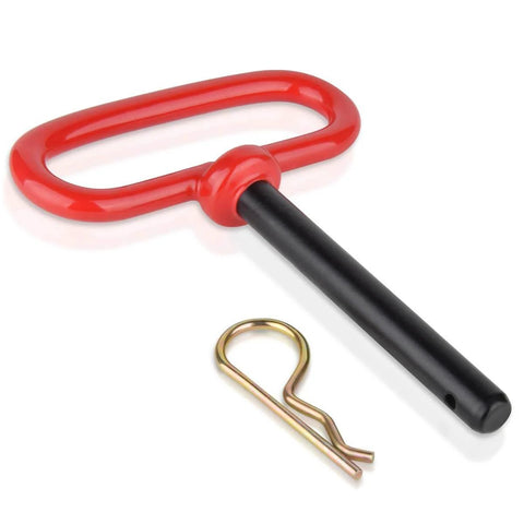 Three Eighths Inch Trailer Hitch Pin And Clip With Red Handle, Beefed Up Four Inch Length, Heavy Duty High Strength Steel
