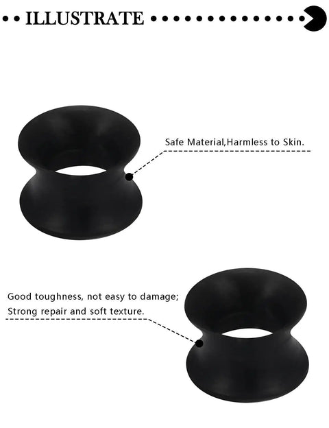 Illustration showing Black Silicone Ear Gauges Tunnels Plugs 00G 10mm Ultra Thin Flexible Dope Set Of 4 Pairs' material features.