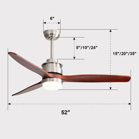 52 Inch Wood Ceiling Fan With Lights Remote Control Dimmable LED Light 3 Blades Reversible Quiet DC Motor dimensions view