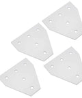 Four Five Hole T Shape Aluminum Joining Plates for flexible frame building, laid out in silver color, showing five holes in each.