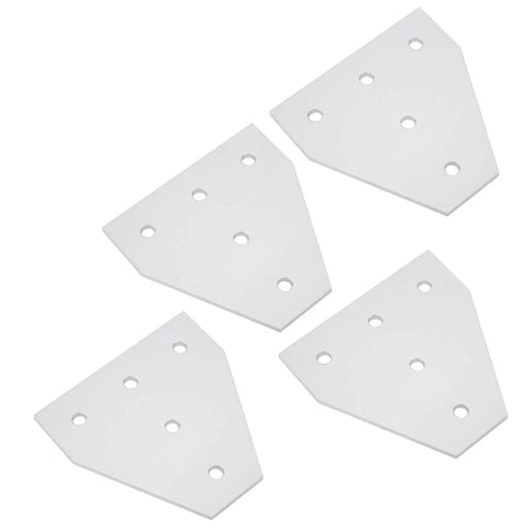 Four Five Hole T Shape Aluminum Joining Plates for flexible frame building, laid out in silver color, showing five holes in each.