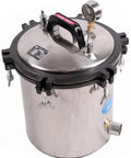 OLizee 4.7 gal stainless steel autoclave steam sterilizer with lid clamps and pressure gauge, front view