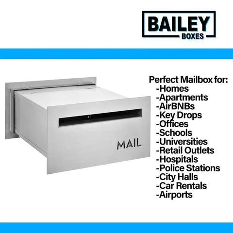 Contemporary Wall Mounted Locking Black Architectural Mailbox For Small Spaces, Heavy Duty Powder Coated Steel, Secure Mail Slot