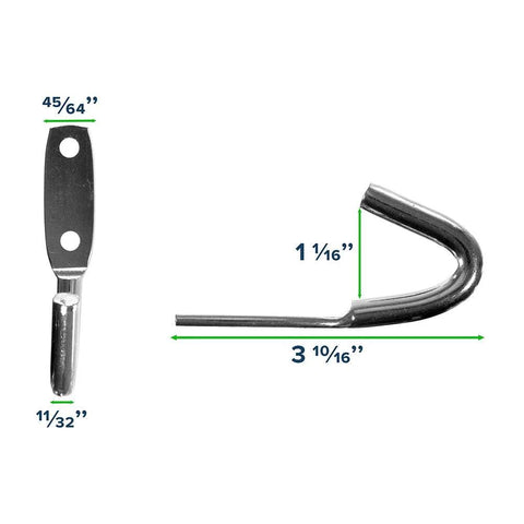Rope Binding Hooks 2 Pack Open End 1-1/16 Inch for tarp anchors and tie downs, steel hooks with dimensions shown