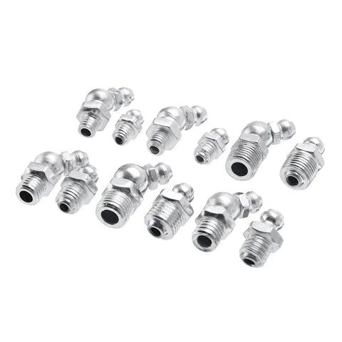 130Pcs Hydraulic Grease Nipple Fitting Kit With Galvanized Metal Nipples M6 M8 M10 BSP UNF 45 Degree Angles on display