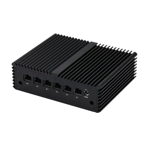 Profile view of Badass N100 Fanless Mini PC with six 2.5 Gigabit LAN ports, aluminum body for network applications.