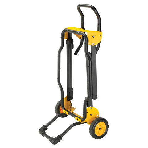 Rolling Table Saw Stand With Durable Steel Construction, Lightweight Yet Sturdy, folded upright with yellow accents