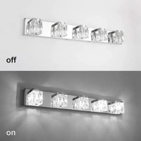 Five Light LED Modern Bathroom Vanity Fixture With Crystal Glass And Stainless Steel Over Mirror, off and on views