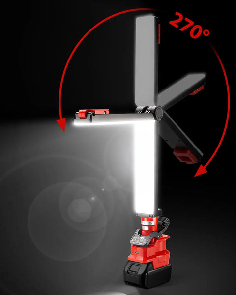 Milwaukee 18V Compatible LED Work Light 30W 2400LM with USB Port showing 270-degree rotation and mounting hooks