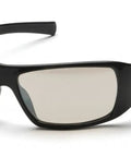 Heavy Duty Rimless Safety Glasses Featuring Badass Scratch Resistant Polycarbonate Lenses And Iron Clad Uv Shielding For Relentless Indoor And Outdoor Jobs Pack Of Twelve side view of black safety glasses with clear lenses.